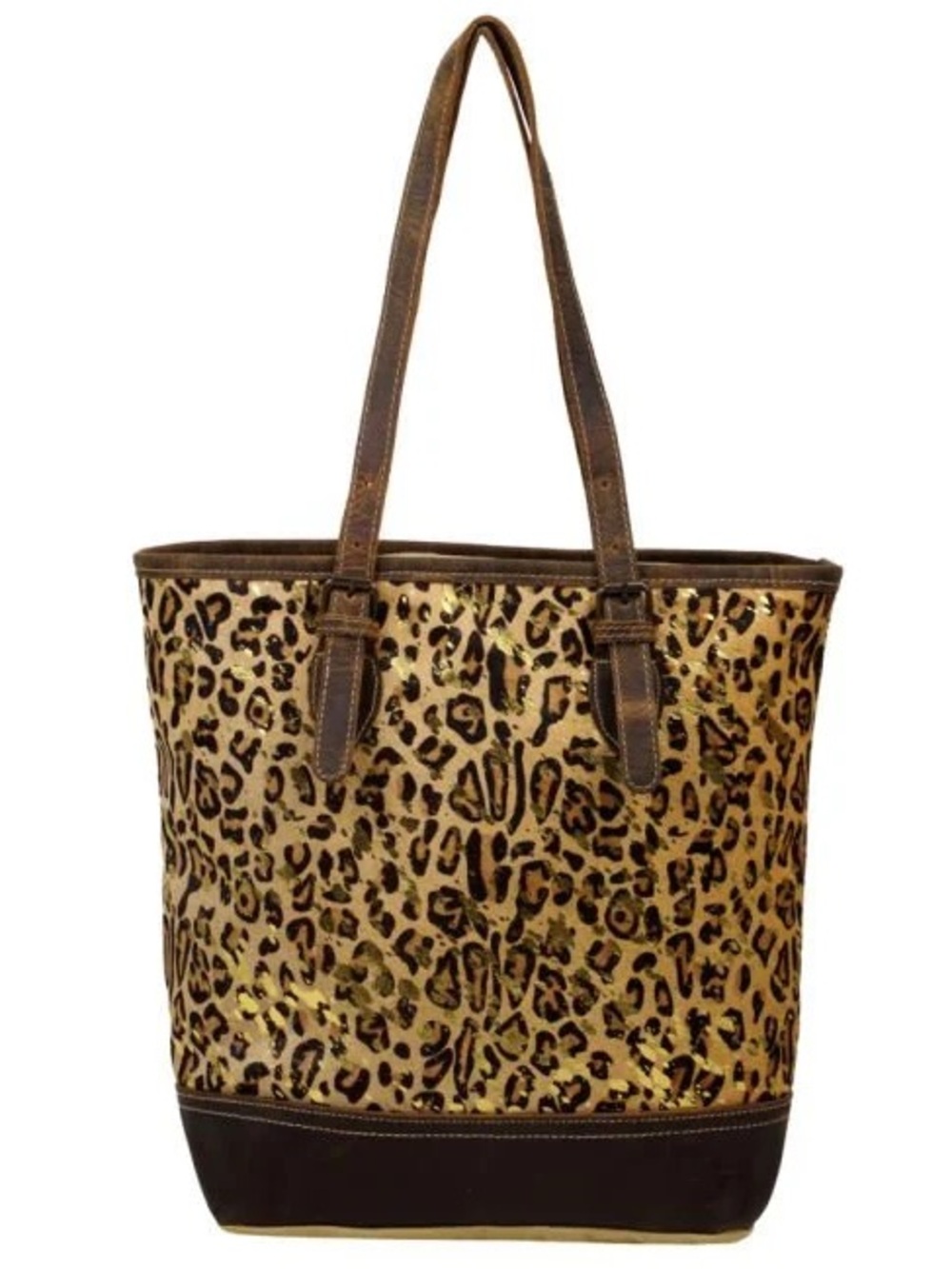 NWOT Myra Bag Barbarian Hair Leopard Gold Tan Canvas Brown Leather Zip Tote Bag